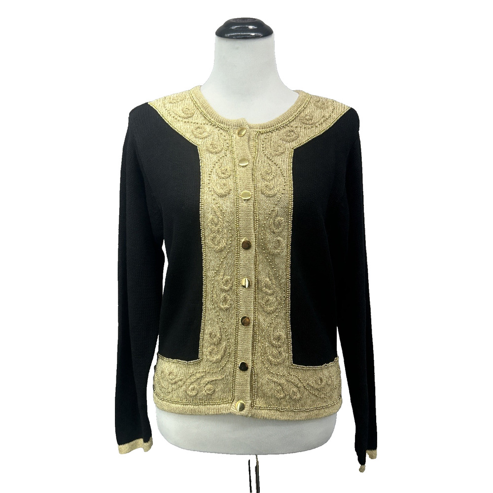 Vtg Dressbarn Cardigan Sweater Womens S Black Gold Baroque Knit 90s Holiday Chic